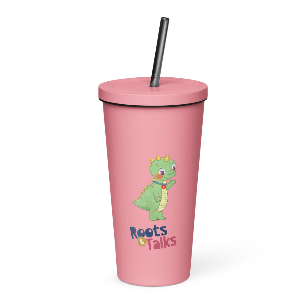 Dino Dinosaur Insulated Tumbler with Straw, 20 oz, Roots & Talks - Pink