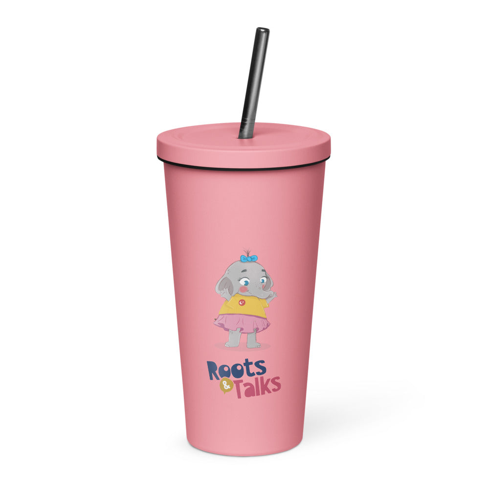 Filiz Elephant Insulated Tumbler with Straw, 20 oz, Roots & Talks - Pink