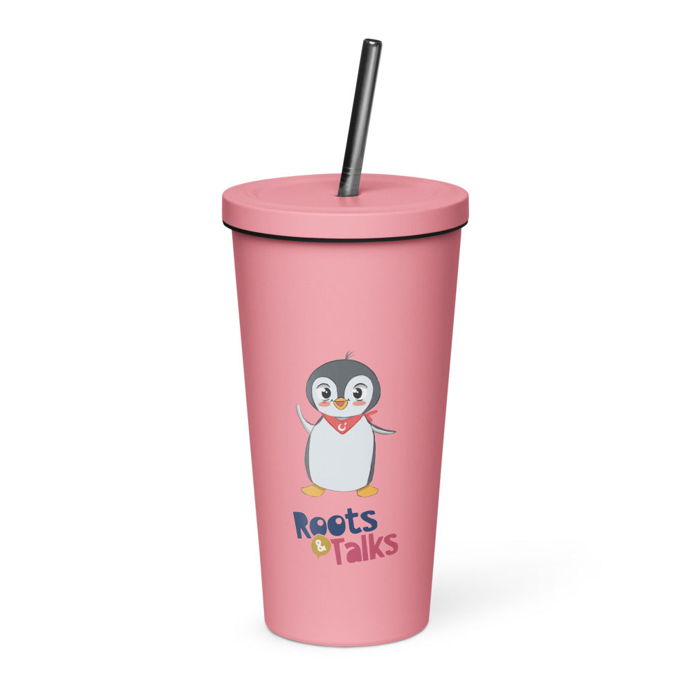 Pingucan Penguin Insulated Tumbler with Straw, 20 oz, Roots & Talks - Pink