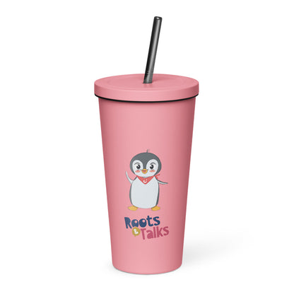 Pingucan Penguin Insulated Tumbler with Straw, 20 oz, Roots & Talks - Pink