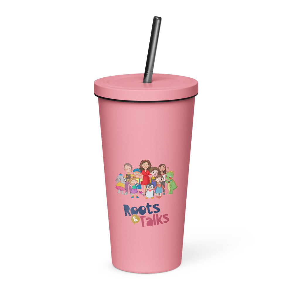 All the Characters Together Insulated Tumbler with Straw, 20 oz, Roots & Talks - Pink