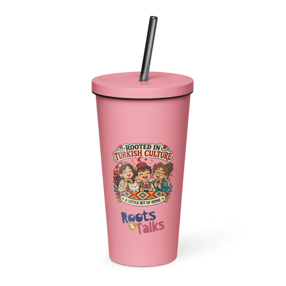 Rooted in Turkish Culture Insulated Tumbler with Straw, 20 oz, Roots & Talks - Pink