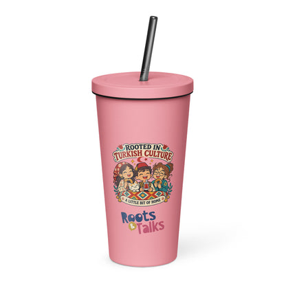 Rooted in Turkish Culture Insulated Tumbler with Straw, 20 oz, Roots & Talks - Pink