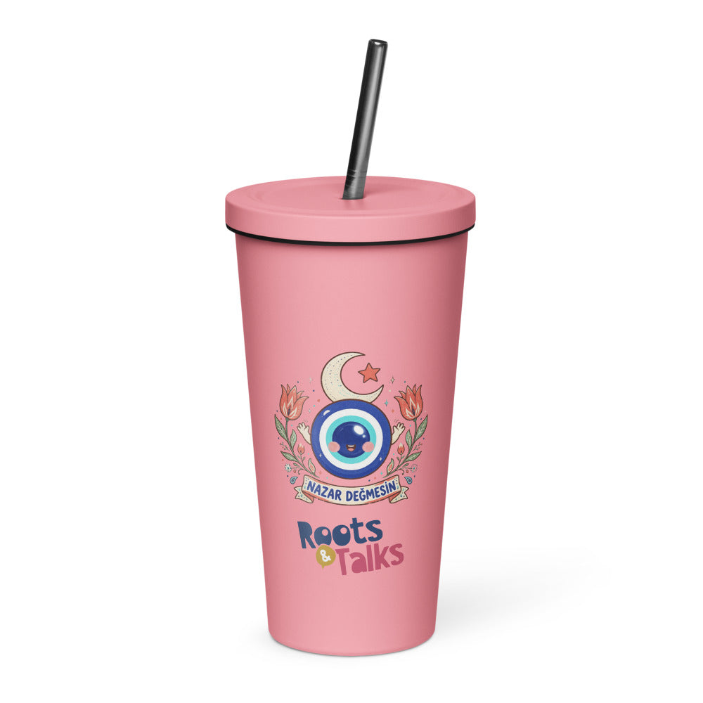 Nazar Değmesin Insulated Tumbler with Straw, 20 oz, Roots & Talks - Pink