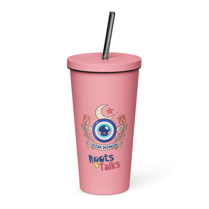 Nazar Değmesin Insulated Tumbler with Straw, 20 oz, Roots & Talks - Pink