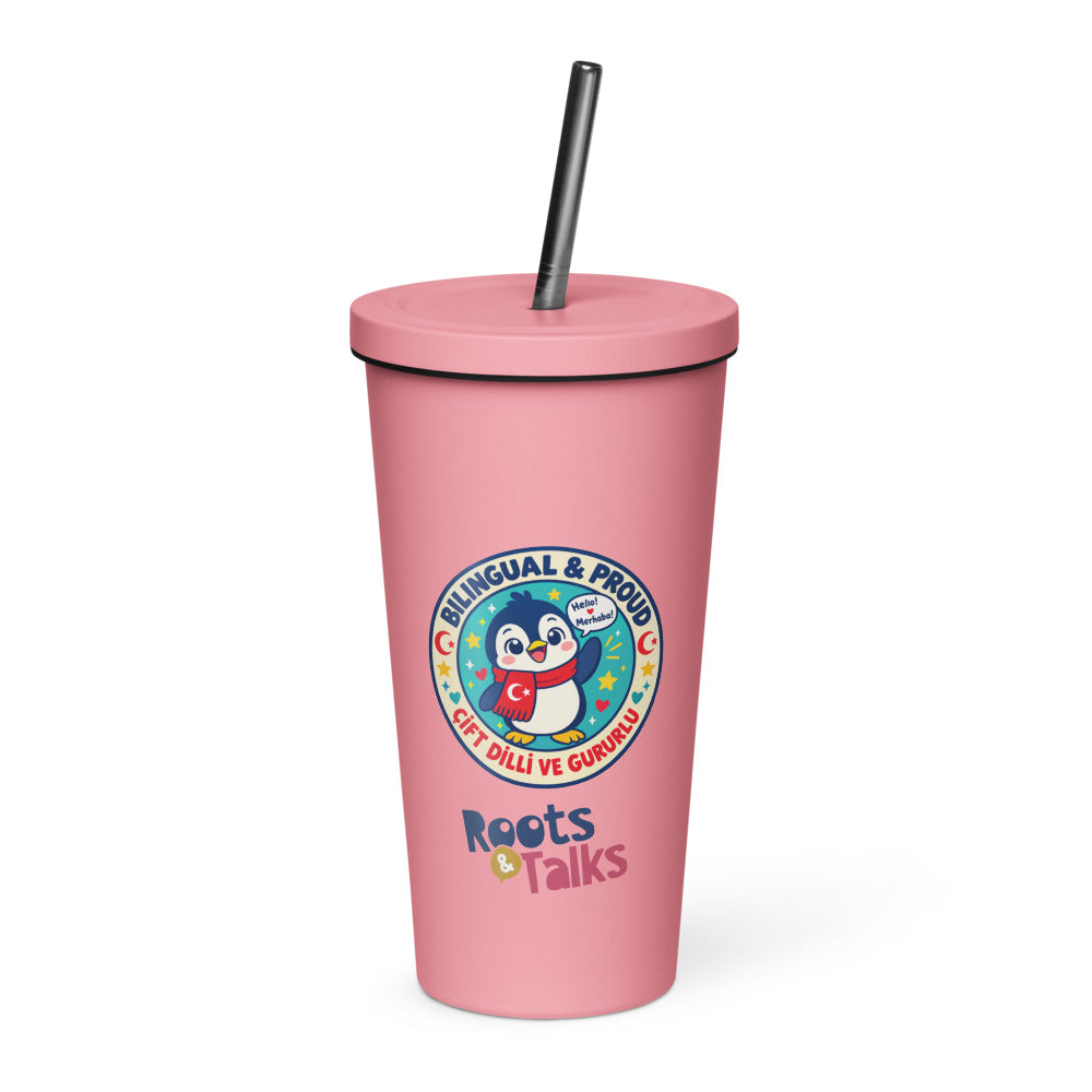 Bilingual & Proud Insulated Tumbler with Straw, 20 oz, Roots & Talks - Pink
