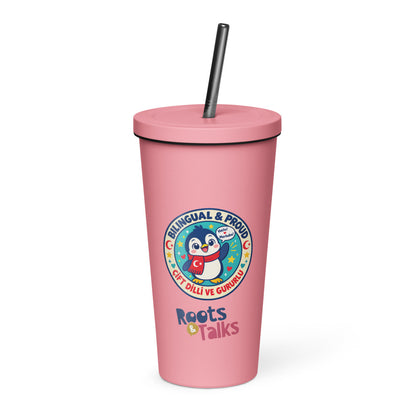 Bilingual & Proud Insulated Tumbler with Straw, 20 oz, Roots & Talks - Pink