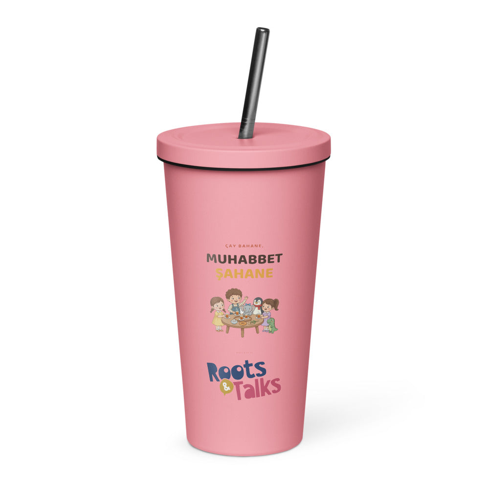 Çay Bahane, Muhabbet Şahane Insulated Tumbler with Straw, 20 oz, Roots & Talks - Pink