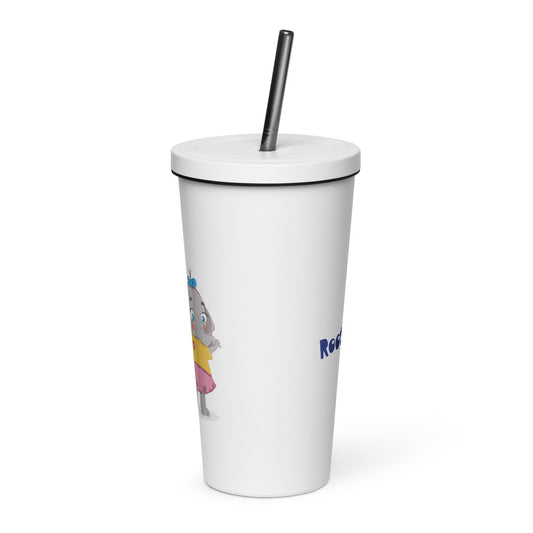 Filiz Elephant Insulated Tumbler with Straw, 20 oz, Roots & Talks - White