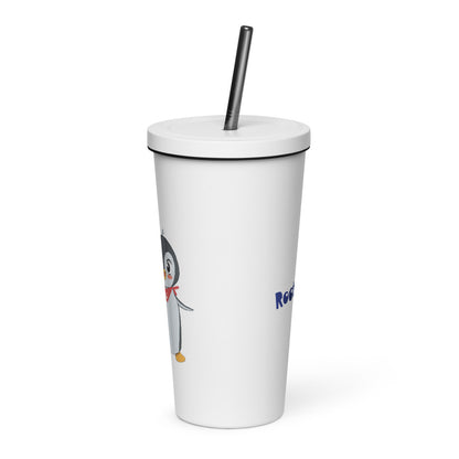 Pingucan Penguin Insulated Tumbler with Straw, 20 oz, Roots & Talks - White
