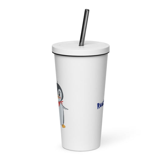 Pingucan Penguin Insulated Tumbler with Straw, 20 oz, Roots & Talks - White