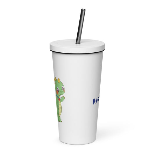 Dino Dinosaur Insulated Tumbler with Straw, 20 oz, Roots & Talks - White