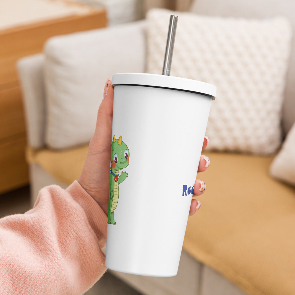 Dino Dinosaur Insulated Tumbler with Straw, 20 oz, Roots & Talks - lifestyle photo 2