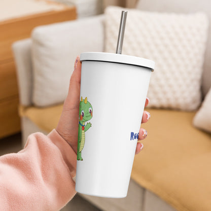 Dino Dinosaur Insulated Tumbler with Straw, 20 oz, Roots & Talks - lifestyle photo 2