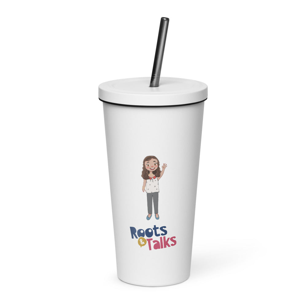 Defne Character Insulated Tumbler with Straw, 20 oz, Roots & Talks - White