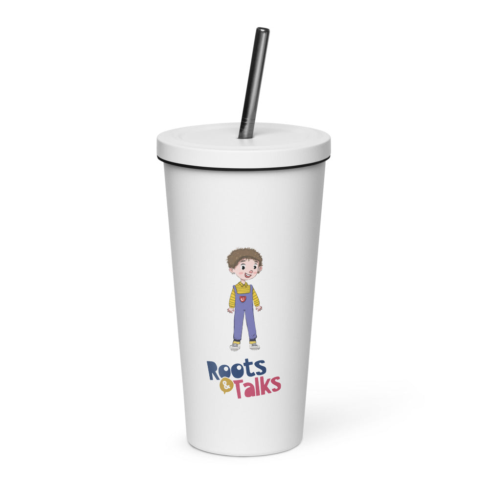 Ahmet Character Insulated Tumbler with Straw, 20 oz, Roots & Talks - White