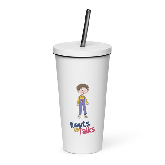 Ahmet Character Insulated Tumbler with Straw, 20 oz, Roots & Talks - White