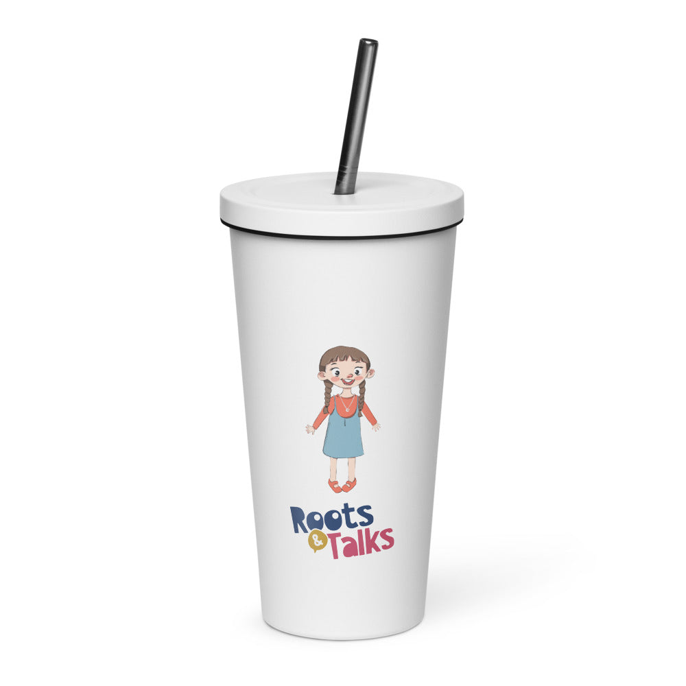 Eylül Character Insulated Tumbler with Straw, 20 oz, Roots & Talks - White