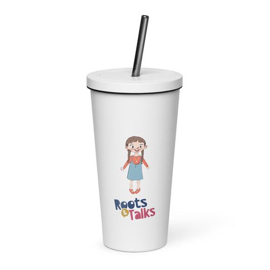 Eylül Character Insulated Tumbler with Straw, 20 oz, Roots & Talks - White