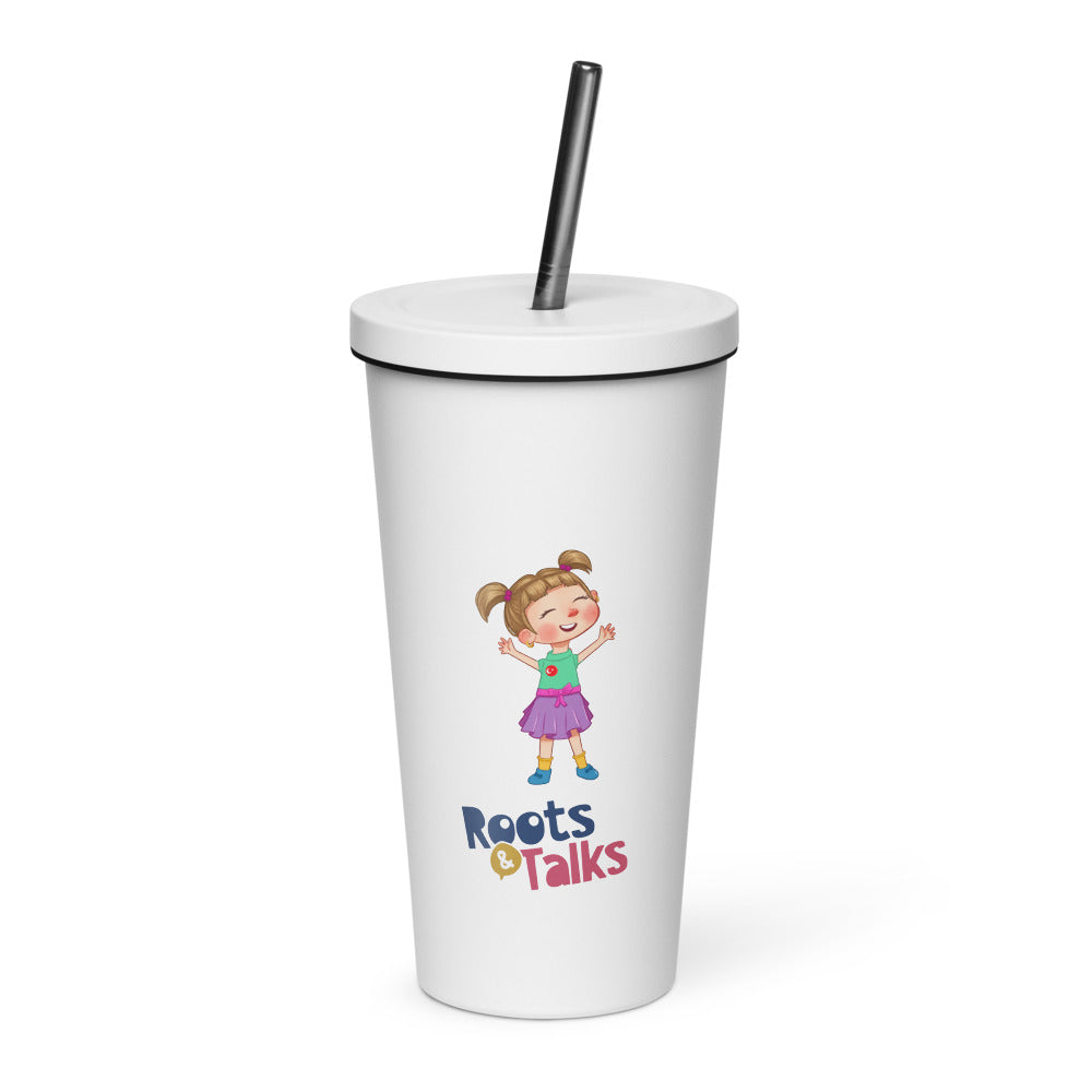 Ela Character Insulated Tumbler with Straw, 20 oz, Roots & Talks - White