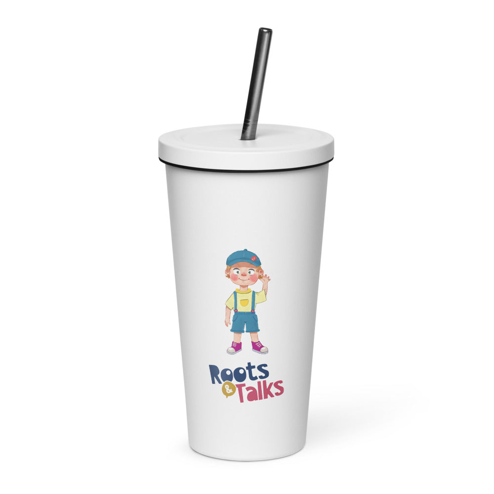 Giray Character Insulated Tumbler with Straw, 20 oz, Roots & Talks - White