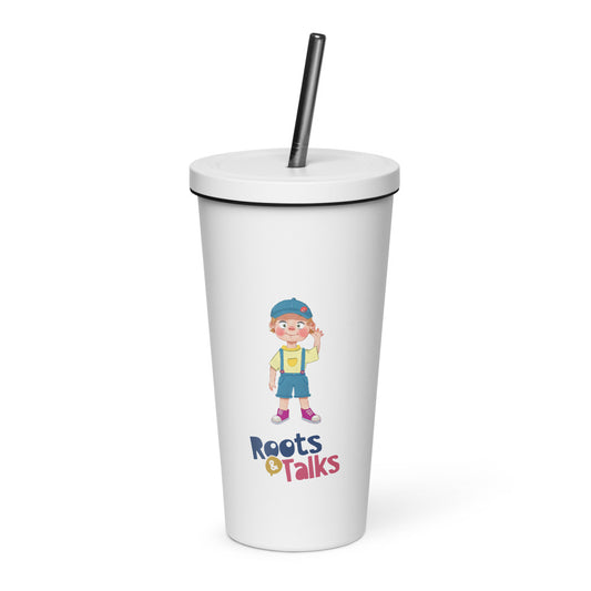 Giray Character Insulated Tumbler with Straw, 20 oz, Roots & Talks - White