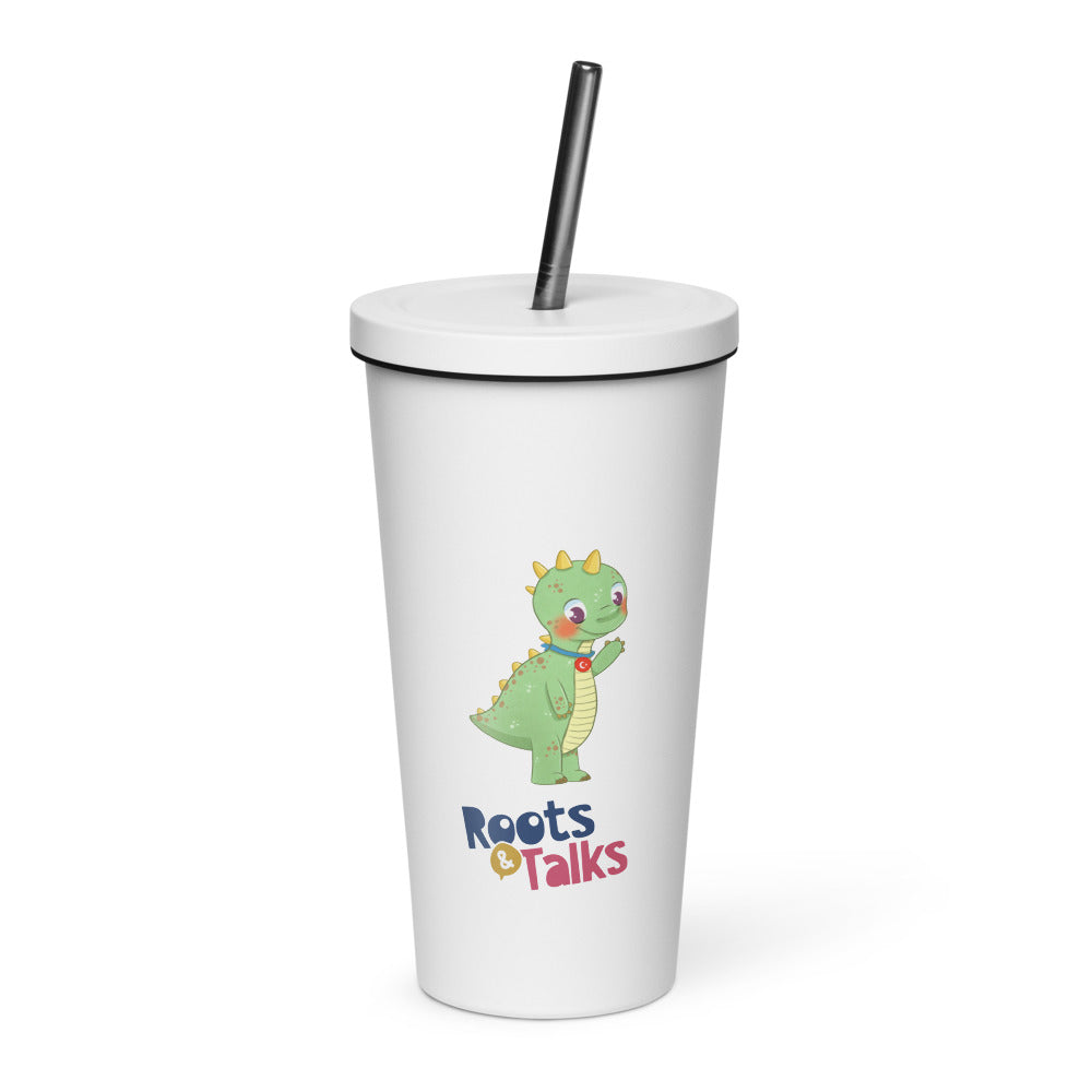 Dino Dinosaur Insulated Tumbler with Straw, 20 oz, Roots & Talks - White