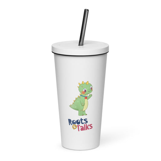 Dino Dinosaur Insulated Tumbler with Straw, 20 oz, Roots & Talks - White