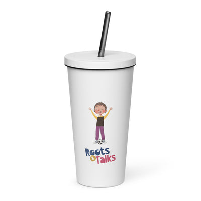 Gazi Character Insulated Tumbler with Straw, 20 oz, Roots & Talks - White