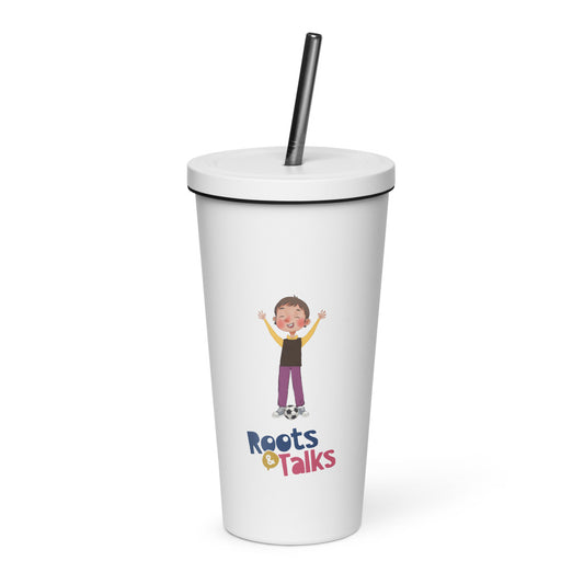 Gazi Character Insulated Tumbler with Straw, 20 oz, Roots & Talks - White