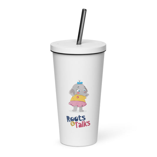 Filiz Elephant Insulated Tumbler with Straw, 20 oz, Roots & Talks - White