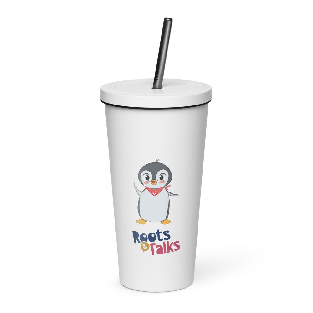 Pingucan Penguin Insulated Tumbler with Straw, 20 oz, Roots & Talks - White