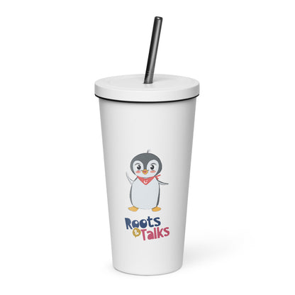Pingucan Penguin Insulated Tumbler with Straw, 20 oz, Roots & Talks - White