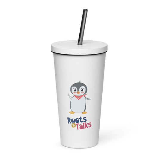 Pingucan Penguin Insulated Tumbler with Straw, 20 oz, Roots & Talks - White