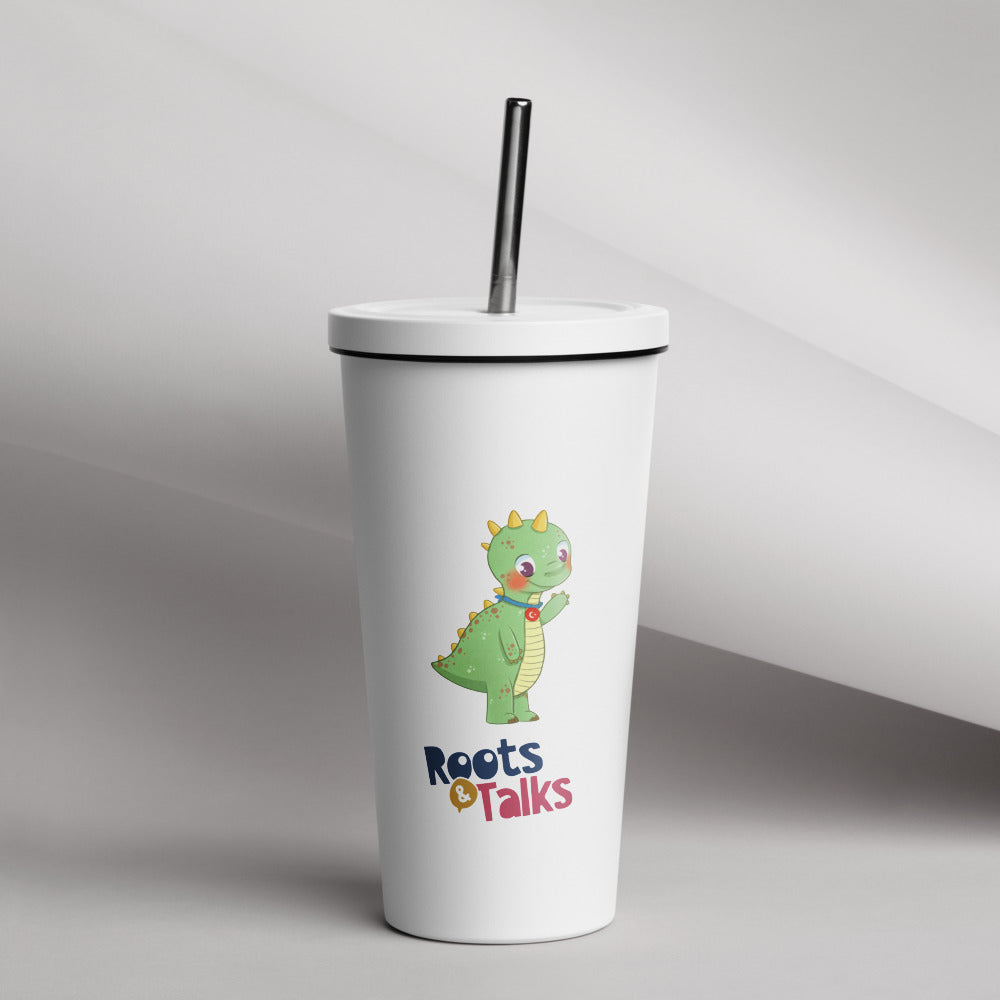 Dino Dinosaur Insulated Tumbler with Straw, 20 oz, Roots & Talks - lifestyle photo 1