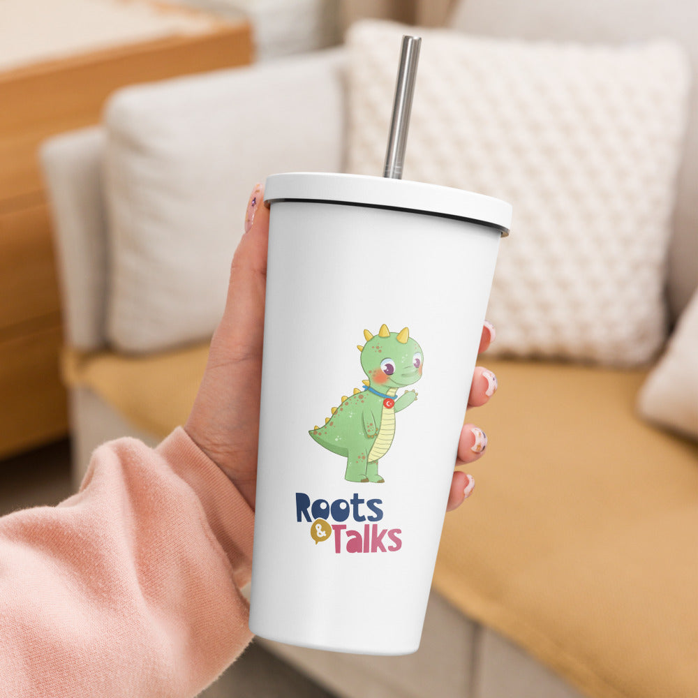 Dino Dinosaur Insulated Tumbler with Straw, 20 oz, Roots & Talks - lifestyle photo 2