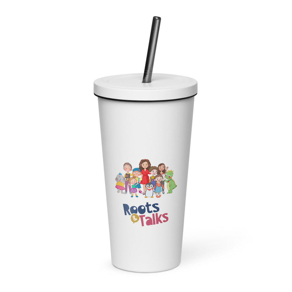 All the Characters Together Insulated Tumbler with Straw, 20 oz, Roots & Talks - White