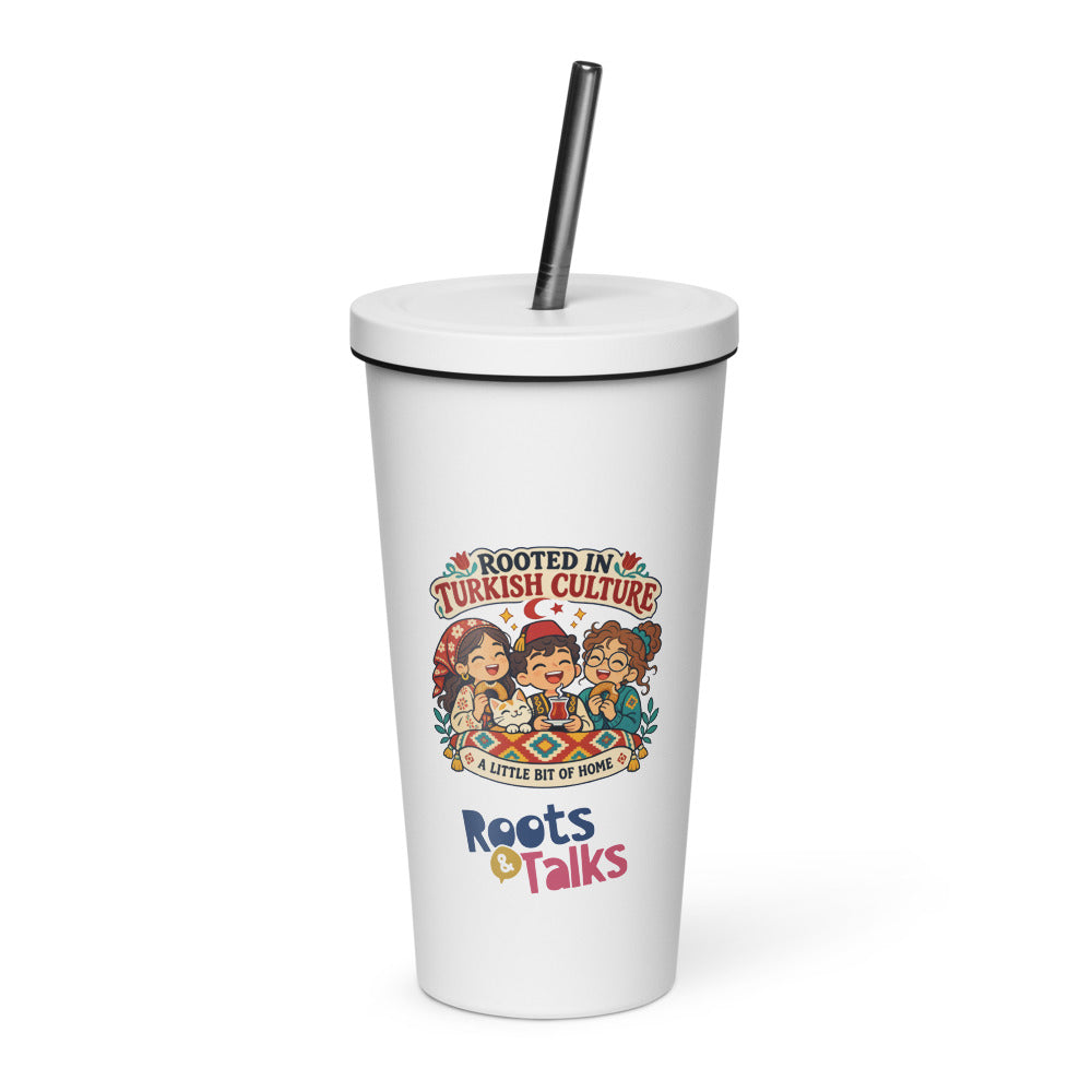 Rooted in Turkish Culture Insulated Tumbler with Straw, 20 oz, Roots & Talks - White