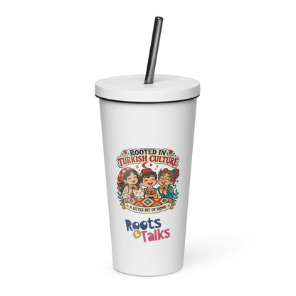 Rooted in Turkish Culture Insulated Tumbler with Straw, 20 oz, Roots & Talks - White