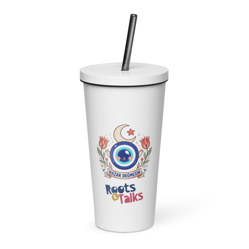 Nazar Değmesin Insulated Tumbler with Straw, 20 oz, Roots & Talks - White