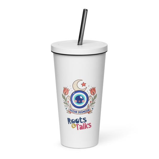 Nazar Değmesin Insulated Tumbler with Straw, 20 oz, Roots & Talks - White