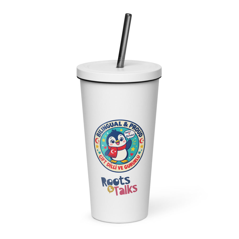 Bilingual & Proud Insulated Tumbler with Straw, 20 oz, Roots & Talks - White