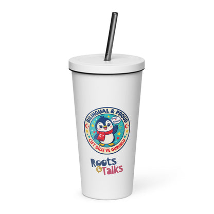 Bilingual & Proud Insulated Tumbler with Straw, 20 oz, Roots & Talks - White