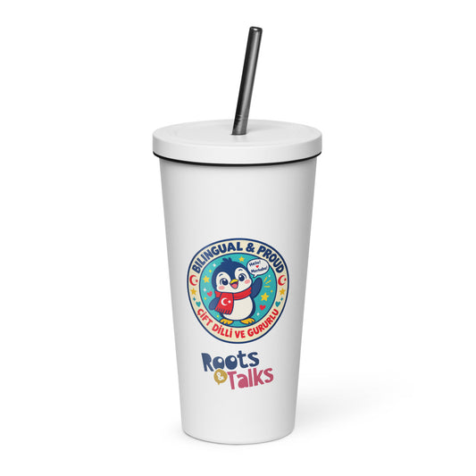 Bilingual & Proud Insulated Tumbler with Straw, 20 oz, Roots & Talks - White