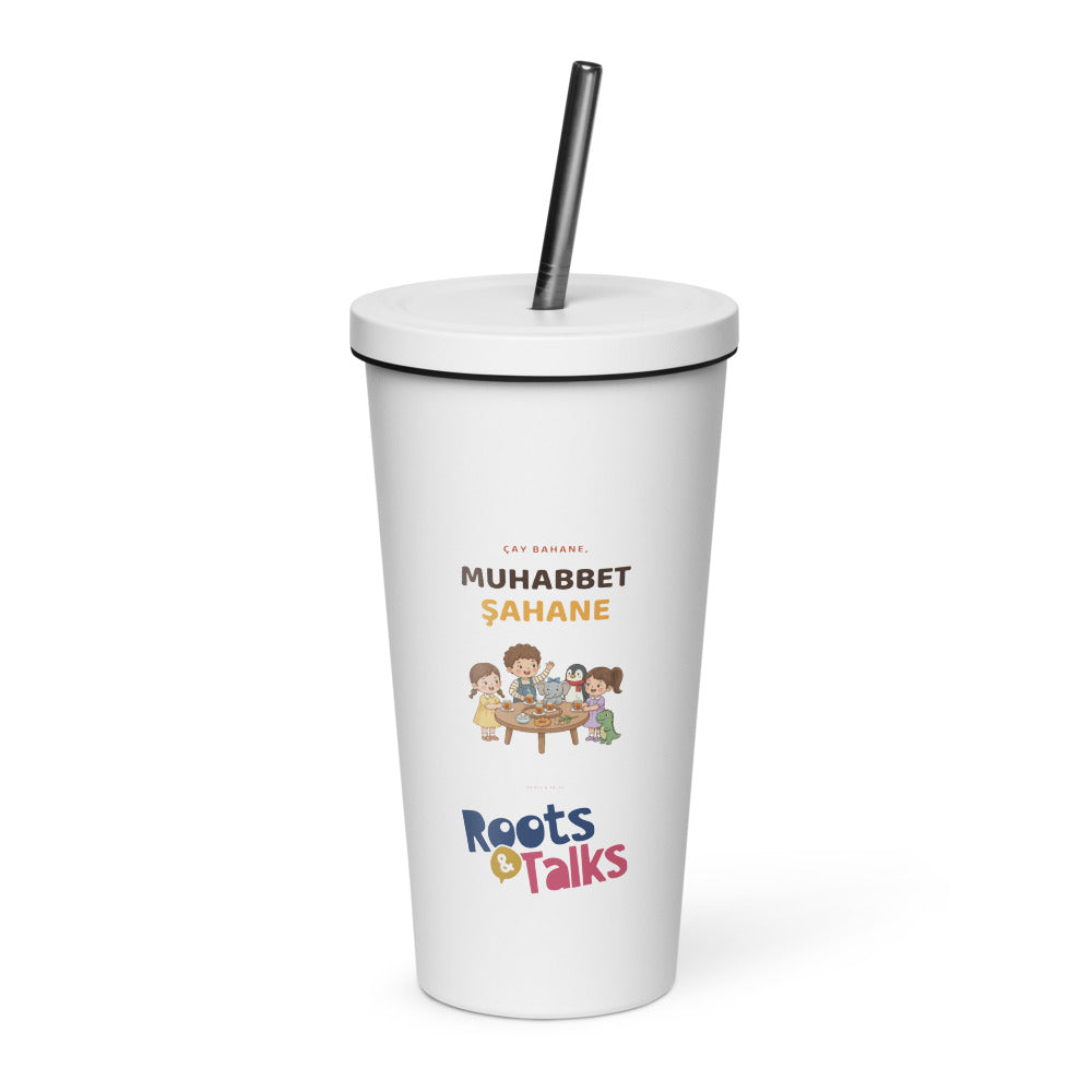 Çay Bahane, Muhabbet Şahane Insulated Tumbler with Straw, 20 oz, Roots & Talks - White