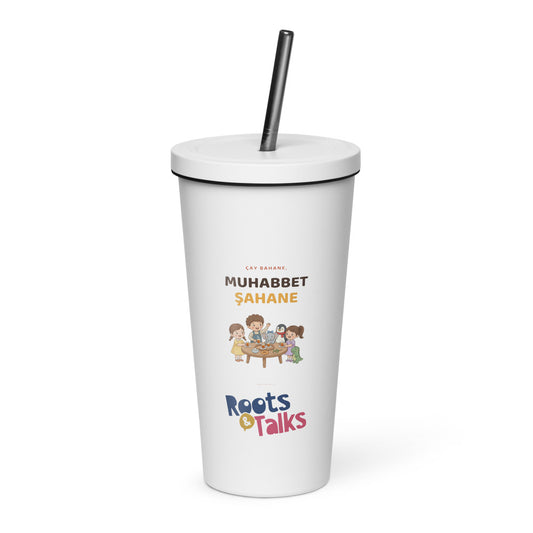 Çay Bahane, Muhabbet Şahane Insulated Tumbler with Straw, 20 oz, Roots & Talks - White