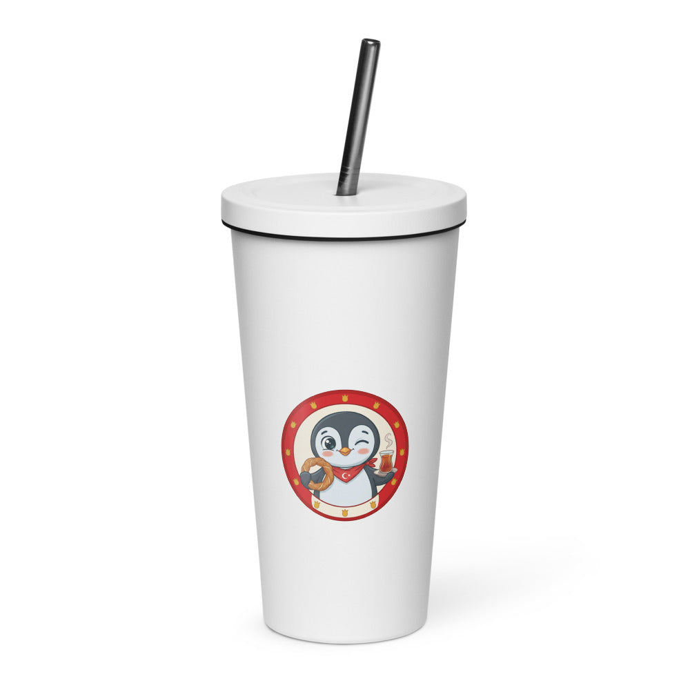 Simit and Tea Badge Insulated Tumbler with Straw, 20 oz, Roots & Talks - White