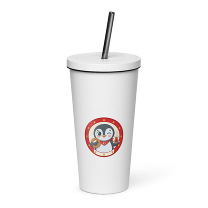 Simit and Tea Badge Insulated Tumbler with Straw, 20 oz, Roots & Talks - White