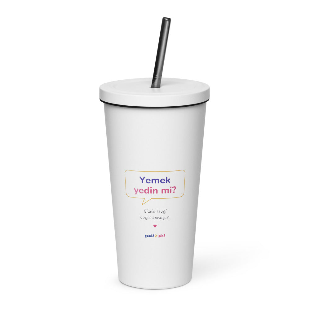 Yemek Yedin Mi? Insulated Tumbler with Straw, 20 oz, Roots & Talks - White
