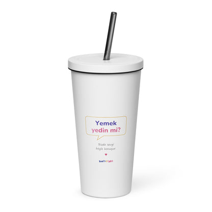 Yemek Yedin Mi? Insulated Tumbler with Straw, 20 oz, Roots & Talks - White